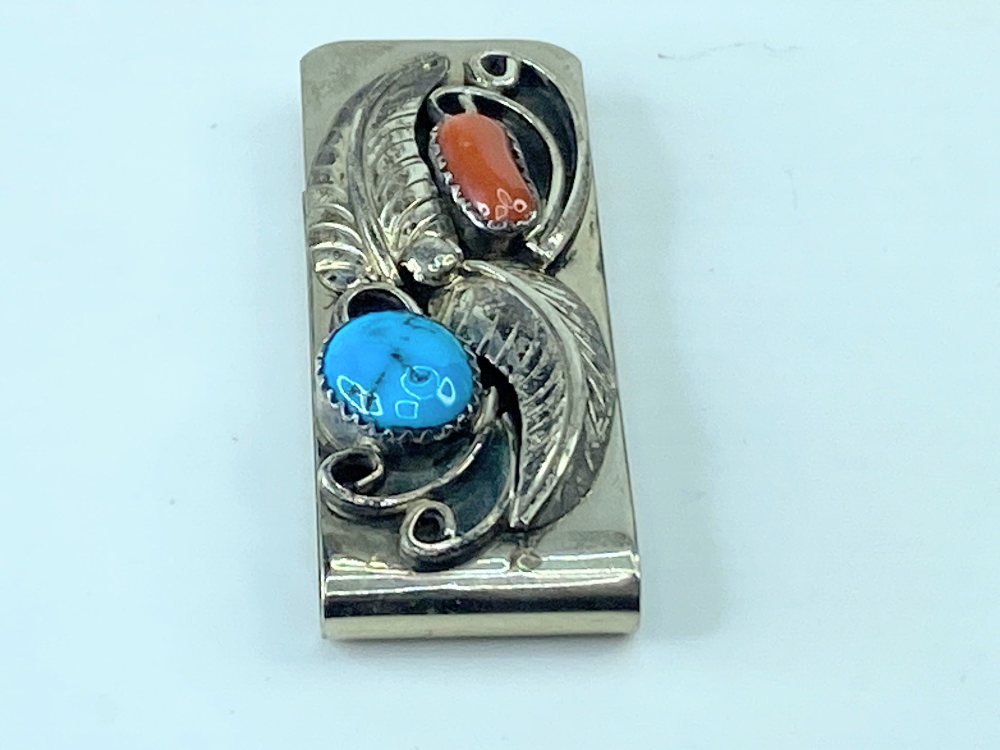 Native American Handmade Sterling Silver Coral / Turquoise Money Clip 17g SS44