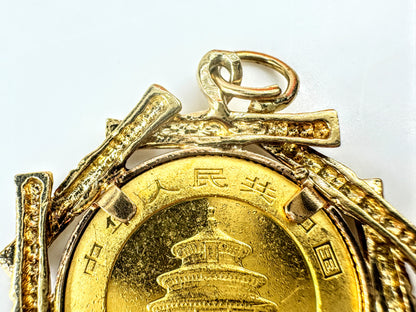2002 China Gold Panda Coin Pendant 14K Bezel 1/10 oz 999 Fine Gold  7.2g JR1703