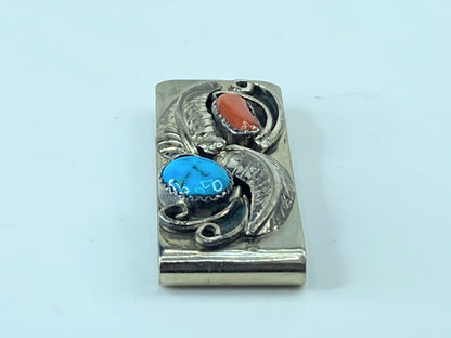 Native American Handmade Sterling Silver Coral / Turquoise Money Clip 17g SS44