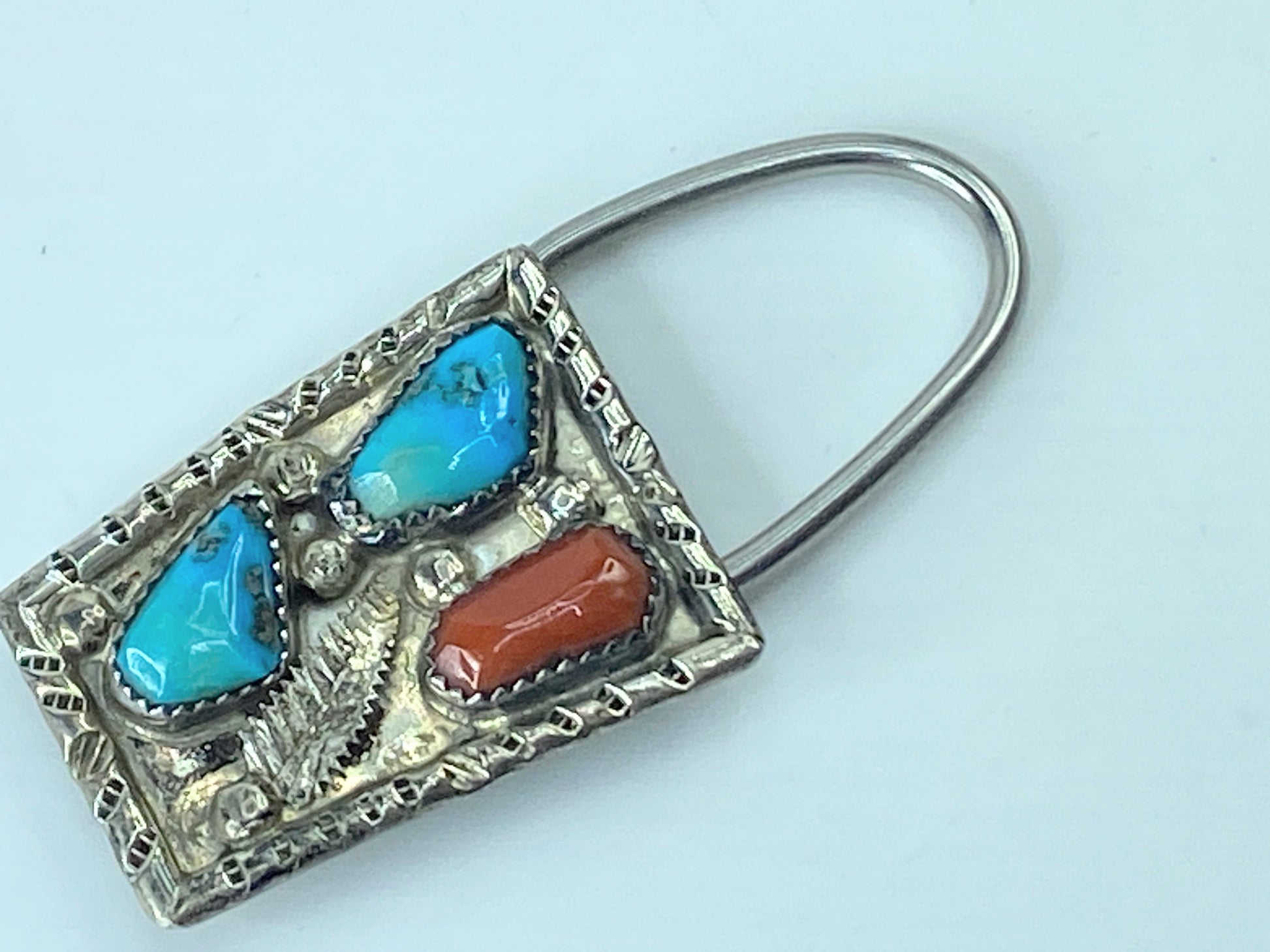 Native American Handmade Sterling Silver Coral / Turquoise Money Clip 17g SS44