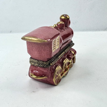 Peint Main Limoges France Red Train Locomotive Porcelain Hinged TrinketBox A1039