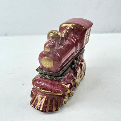 Peint Main Limoges France Red Train Locomotive Porcelain Hinged TrinketBox A1039