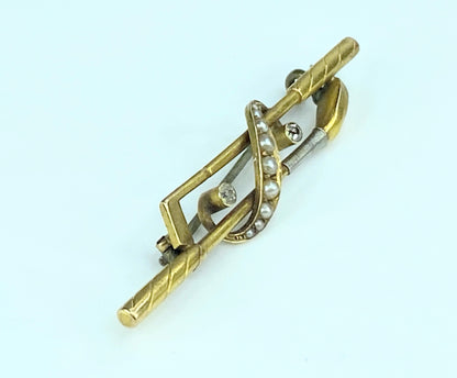 Victorian Diamond Pearl Riding crop 0.1ct old Euro cut split pearl brooch JR9930