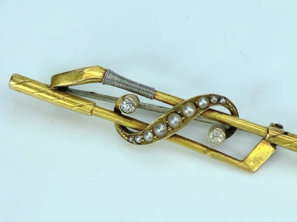 Victorian Diamond Pearl Riding crop 0.1ct old Euro cut split pearl brooch JR9930