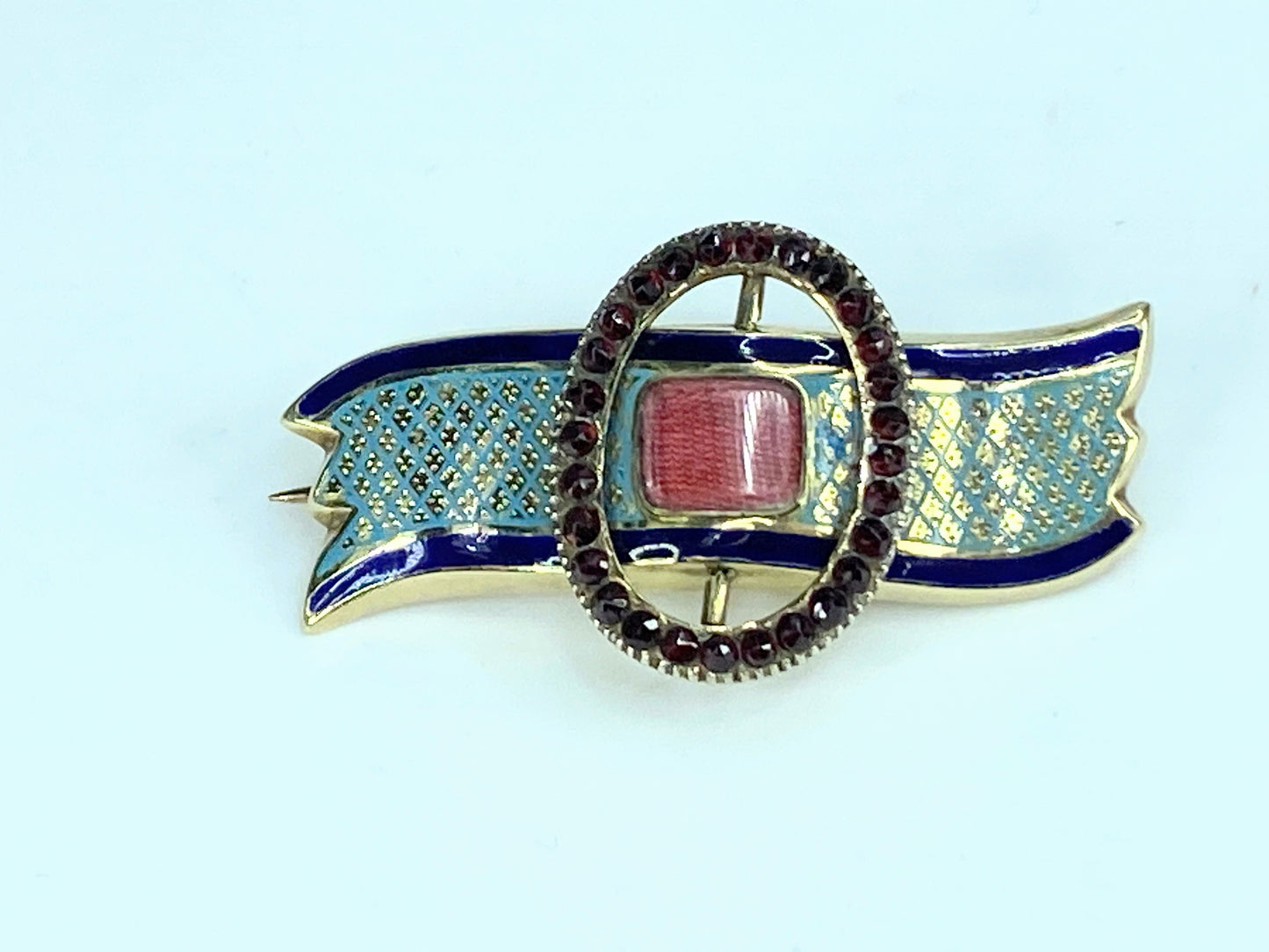 19th century Enamel sentimental brooch with Garnet bucket brooch 14K 6.6g JR9933