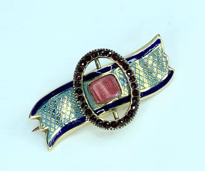 19th century Enamel sentimental brooch with Garnet bucket brooch 14K 6.6g JR9933