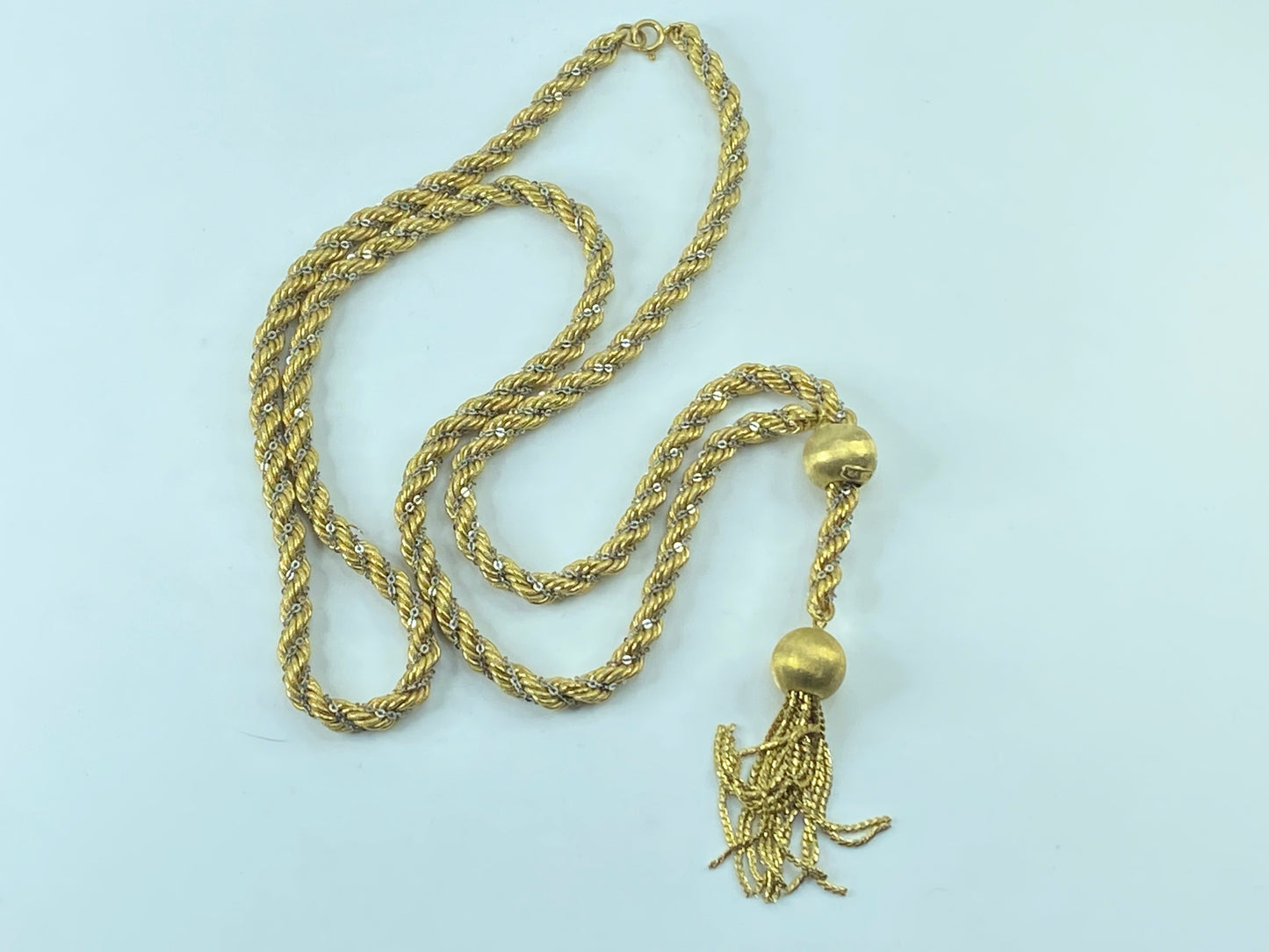 18K two tone rope twisted link adjustable clasp tassel heavy necklace 36" 95.1g