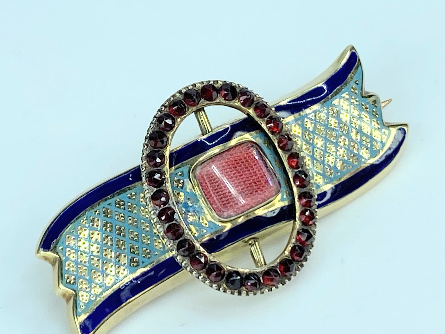 19th century Enamel sentimental brooch with Garnet bucket brooch 14K 6.6g JR9933