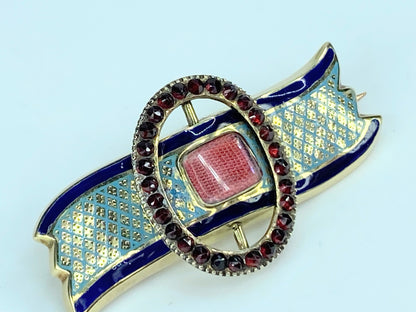 19th century Enamel sentimental brooch with Garnet bucket brooch 14K 6.6g JR9933