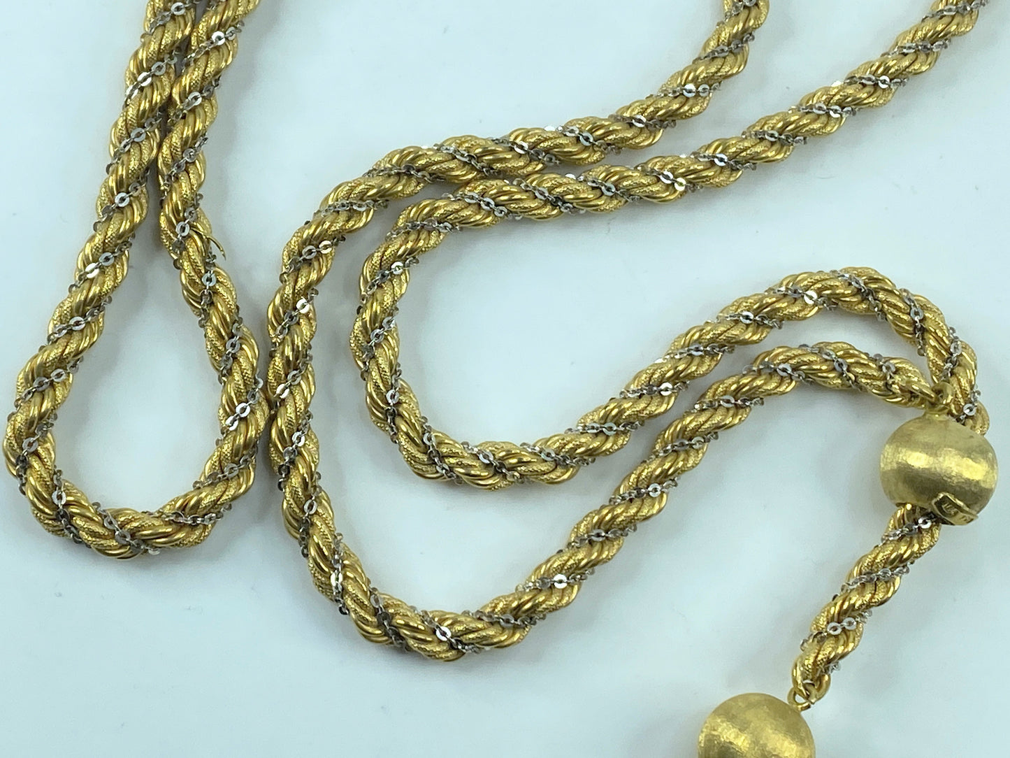 18K two tone rope twisted link adjustable clasp tassel heavy necklace 36" 95.1g