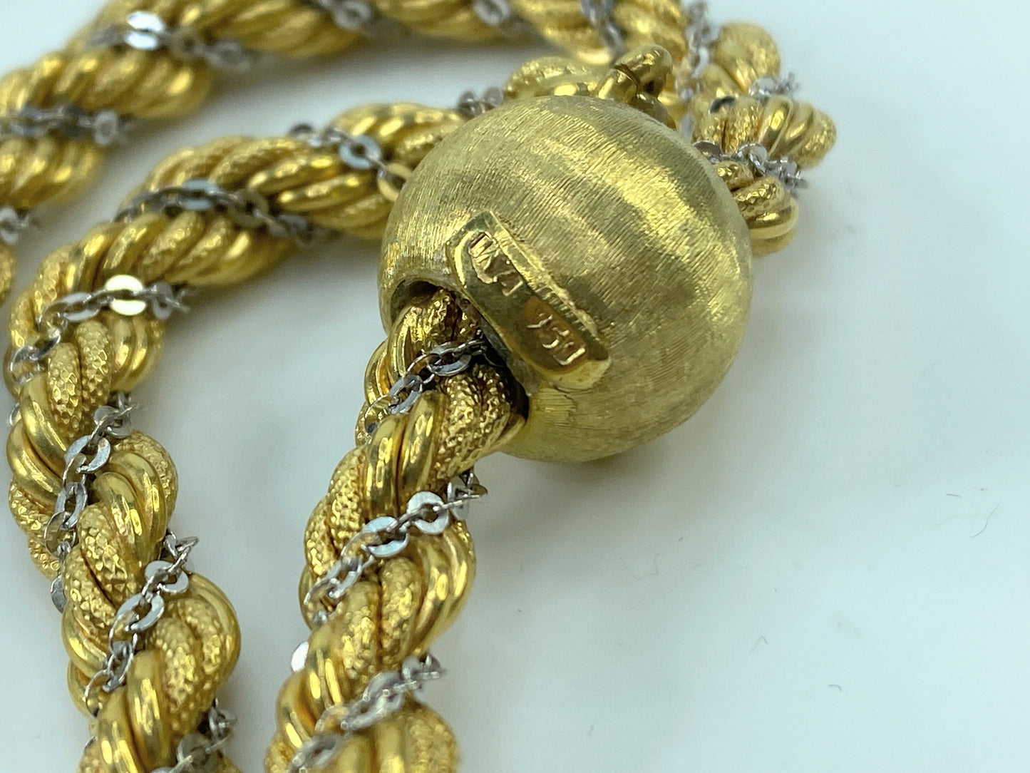 18K two tone rope twisted link adjustable clasp tassel heavy necklace 36" 95.1g