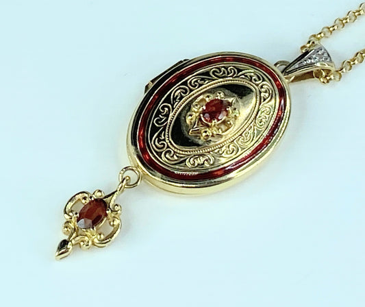 Birmingham 14K garnet Rose cut Diamond Locket lavalier cable necklace JR9936