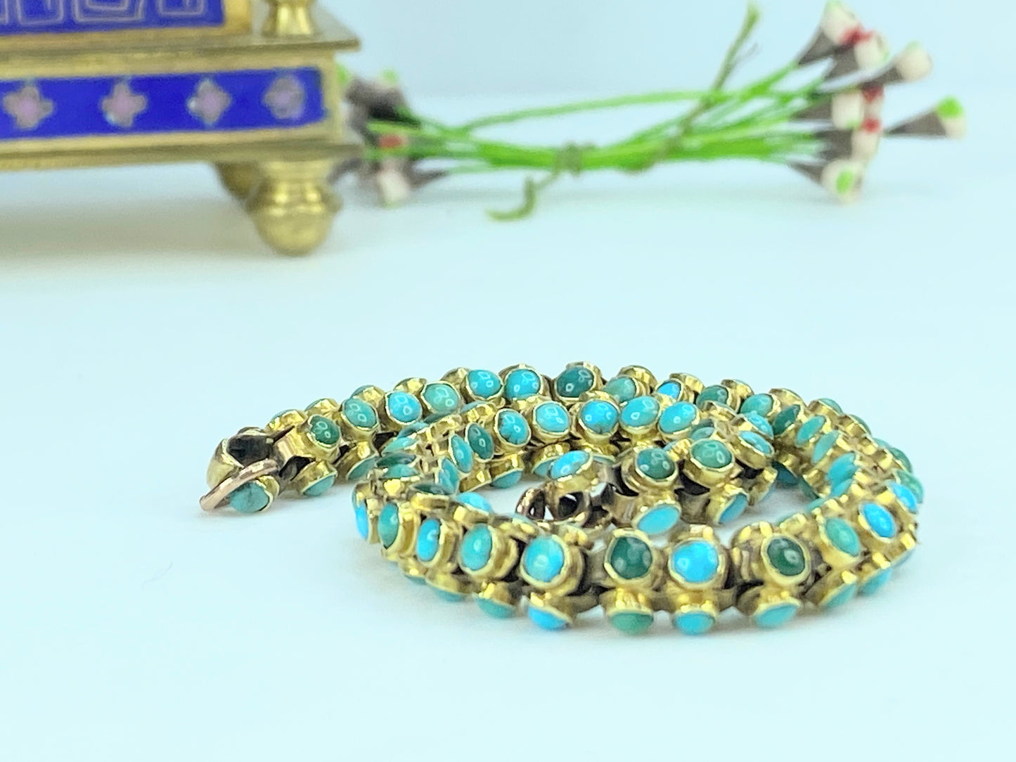 Mid-Victorian blue & green Turquoise cabochon Fancy link bracelet 7 1/4" JR9989