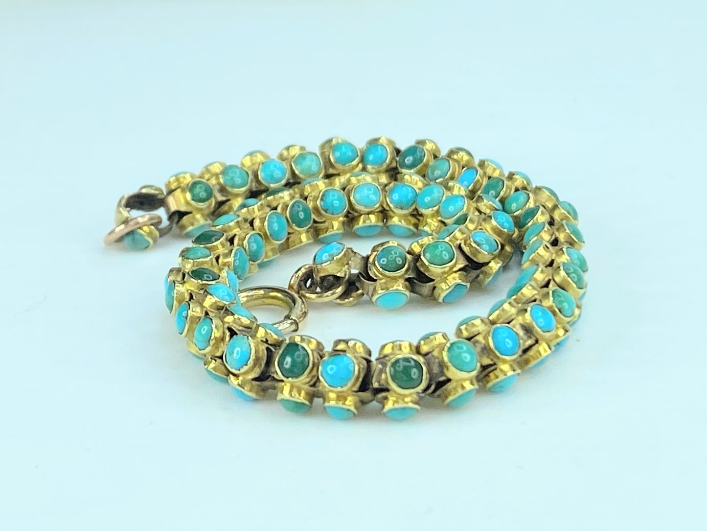 Mid-Victorian blue & green Turquoise cabochon Fancy link bracelet 7 1/4" JR9989