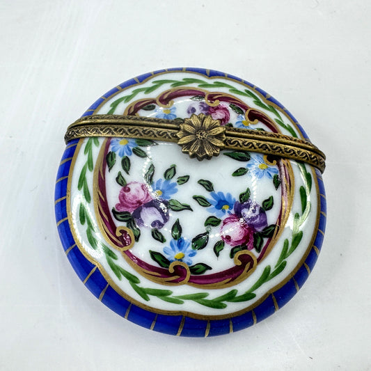 French Limoges Hand Painted Round Floral Trinket Box Blue Border A1038
