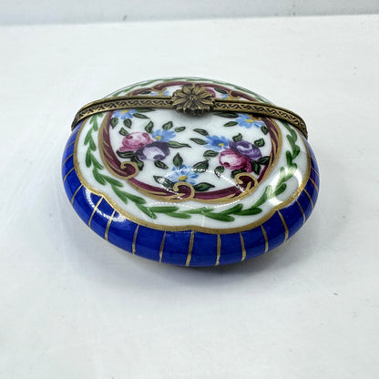 French Limoges Hand Painted Round Floral Trinket Box Blue Border A1038