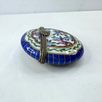 French Limoges Hand Painted Round Floral Trinket Box Blue Border A1038