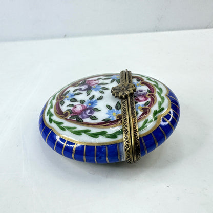 French Limoges Hand Painted Round Floral Trinket Box Blue Border A1038