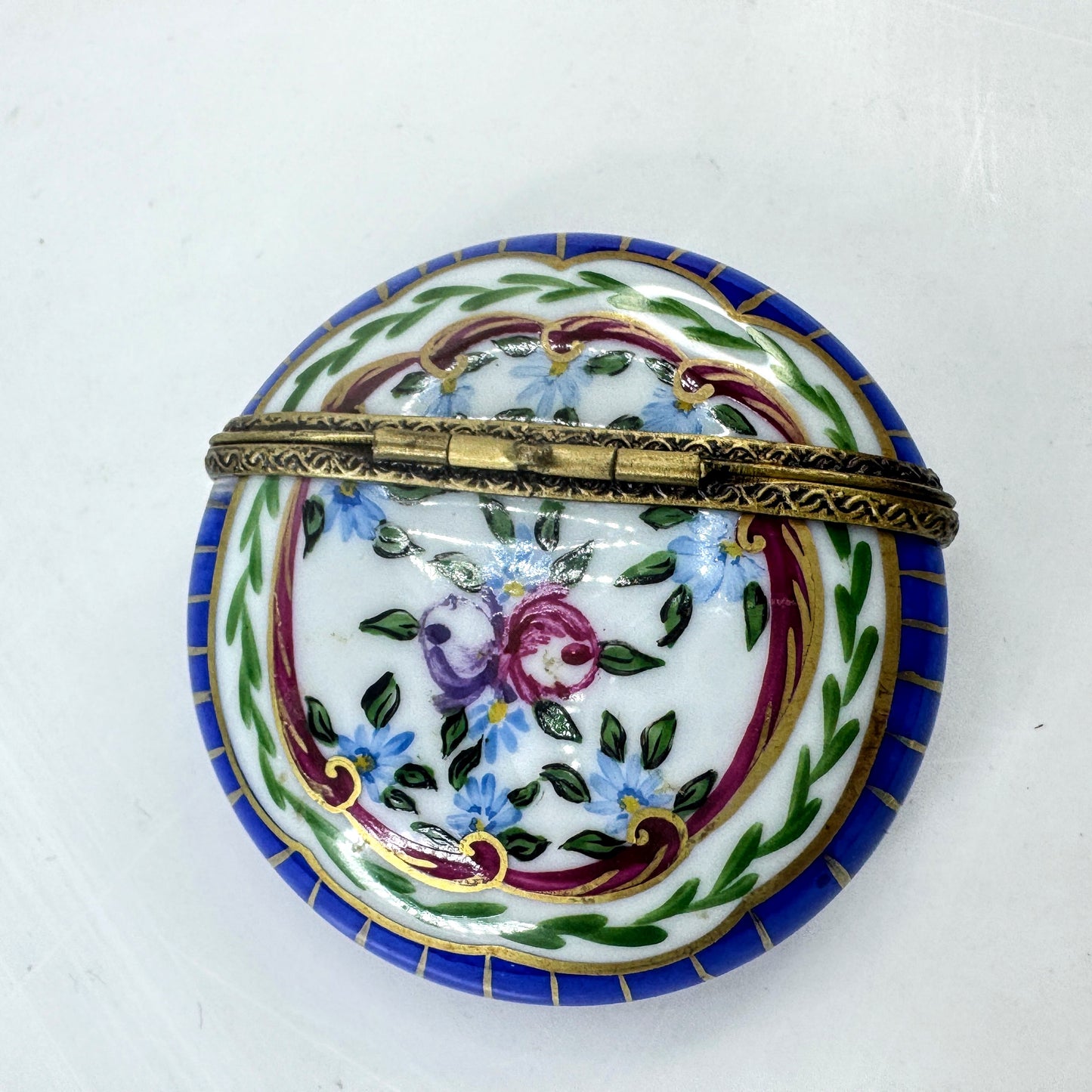 French Limoges Hand Painted Round Floral Trinket Box Blue Border A1038