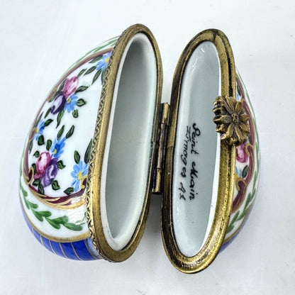 French Limoges Hand Painted Round Floral Trinket Box Blue Border A1038