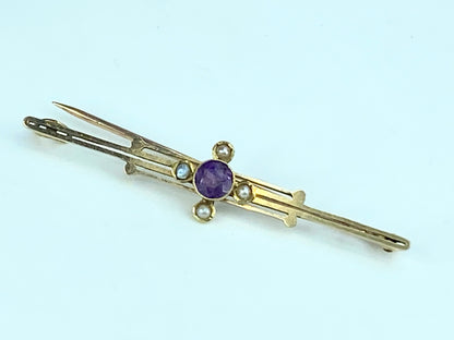 Early 20th century 14K yellow gold Amethyst split pearl brooch pin 3.4g JR9940