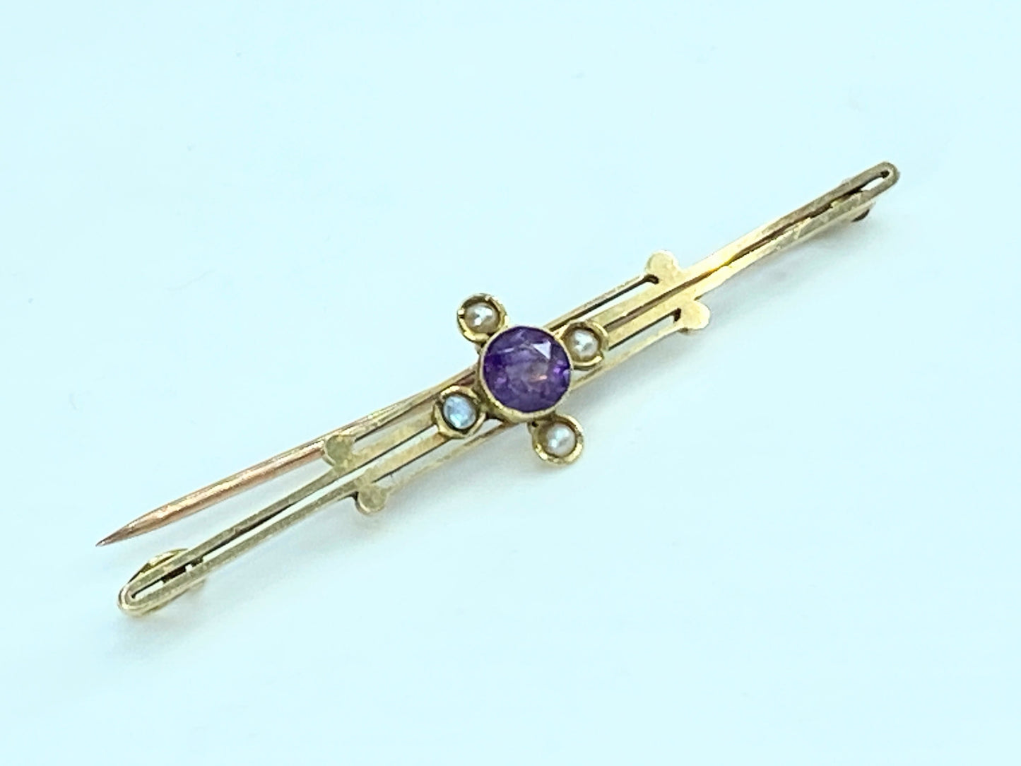 Early 20th century 14K yellow gold Amethyst split pearl brooch pin 3.4g JR9940