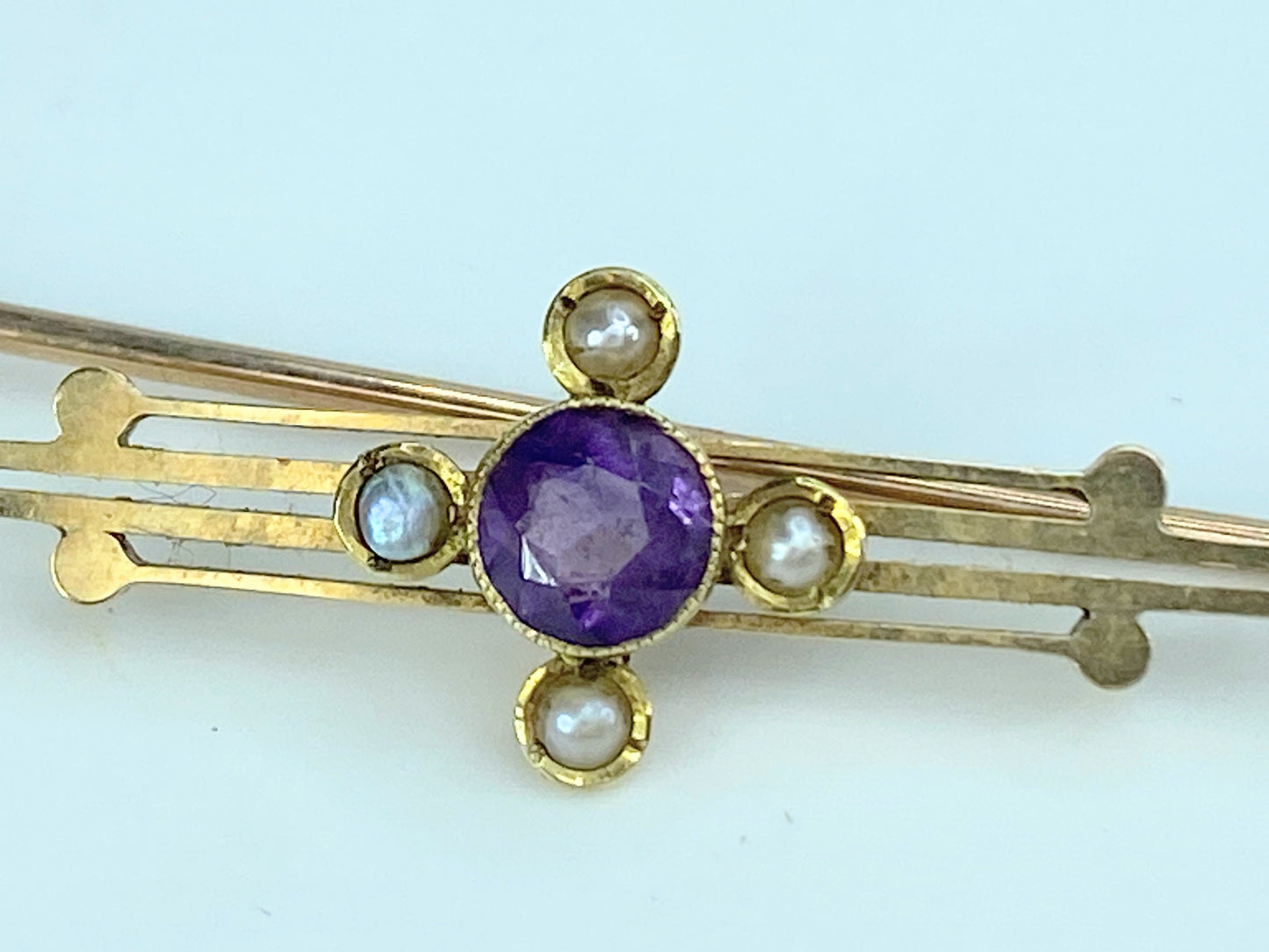 Early 20th century 14K yellow gold Amethyst split pearl brooch pin 3.4g JR9940