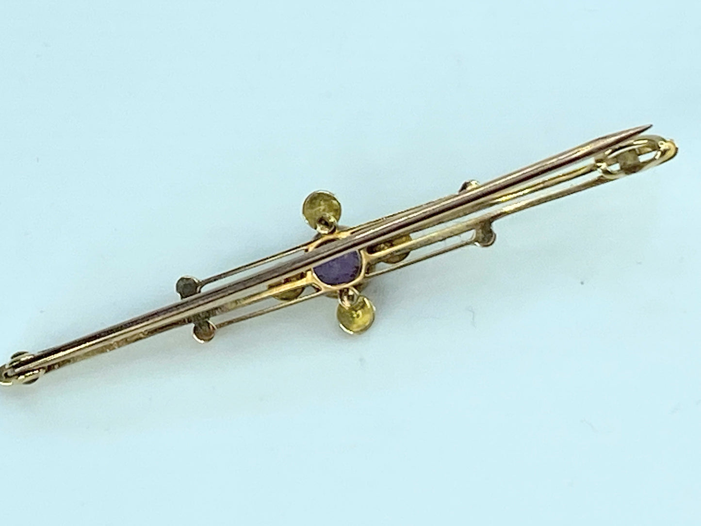 Early 20th century 14K yellow gold Amethyst split pearl brooch pin 3.4g JR9940