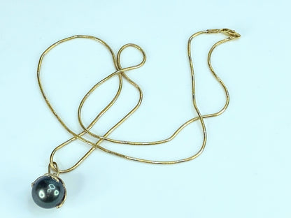 12.0mm black Tahitian Pearl 14K yellow gold Snake link necklace 20" 10.5g JR994