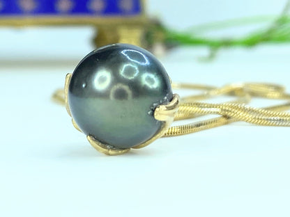 12.0mm black Tahitian Pearl 14K yellow gold Snake link necklace 20" 10.5g JR994