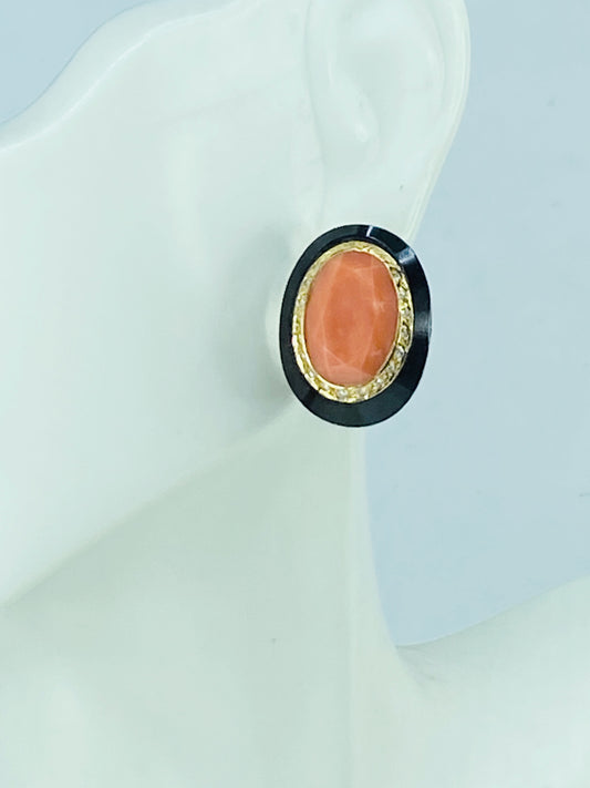 Vintage Moonlight Coral Onyx Diamond 18K Gold French Clip Earrings 13.5g JR1179