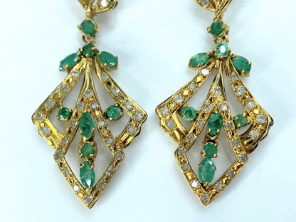 19KT yellow Gold 3.22ct Emerald Diamond Chandelier Earrings c1940 13.3g JR9340