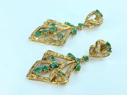 19KT yellow Gold 3.22ct Emerald Diamond Chandelier Earrings c1940 13.3g JR9340