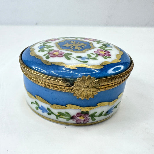 Limoges France Blue Floral Gold Gilt Round Porcelain Trinket Box A1041