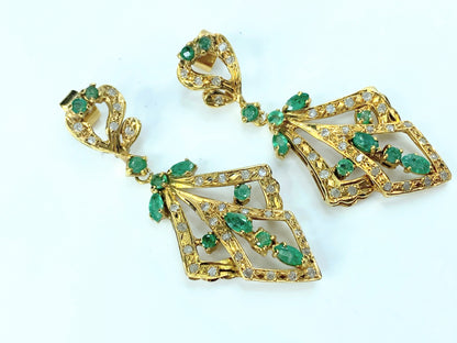 19KT yellow Gold 3.22ct Emerald Diamond Chandelier Earrings c1940 13.3g JR9340