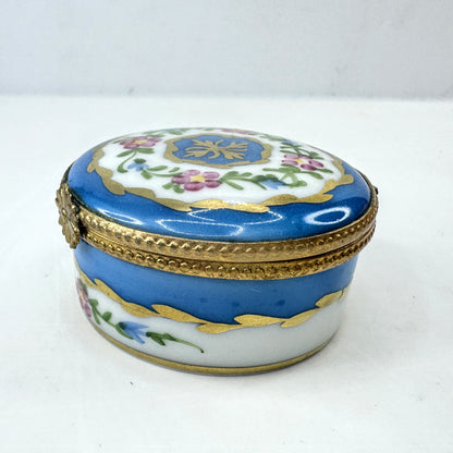 Limoges France Blue Floral Gold Gilt Round Porcelain Trinket Box A1041