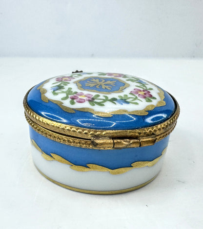 Limoges France Blue Floral Gold Gilt Round Porcelain Trinket Box A1041