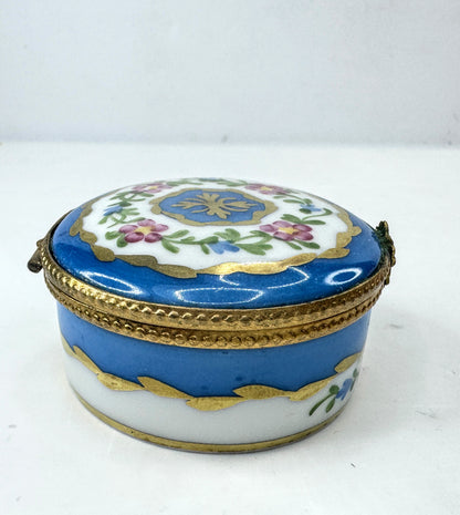 Limoges France Blue Floral Gold Gilt Round Porcelain Trinket Box A1041