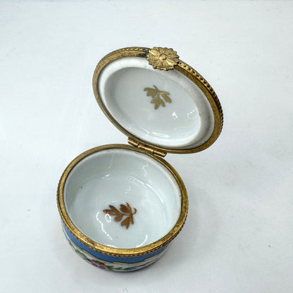Limoges France Blue Floral Gold Gilt Round Porcelain Trinket Box A1041
