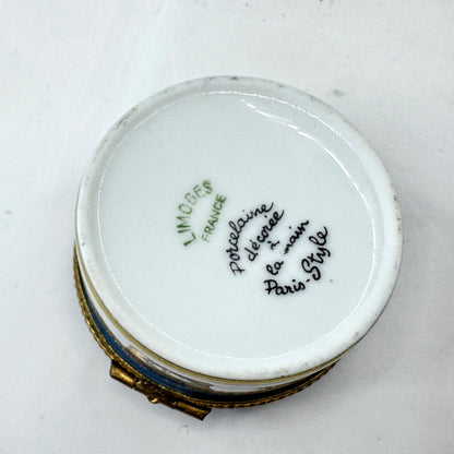 Limoges France Blue Floral Gold Gilt Round Porcelain Trinket Box A1041