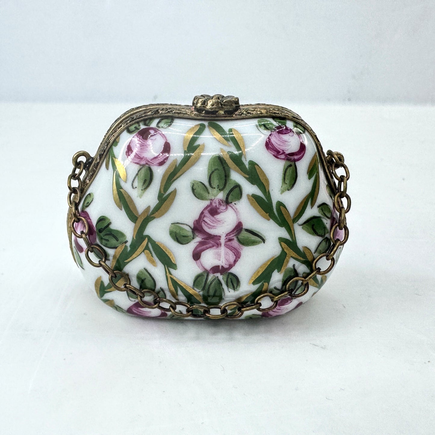 Vintage Hand Painted Limoges Porcelain Floral Purse Trinket Box A1042
