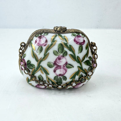 Vintage Hand Painted Limoges Porcelain Floral Purse Trinket Box A1042