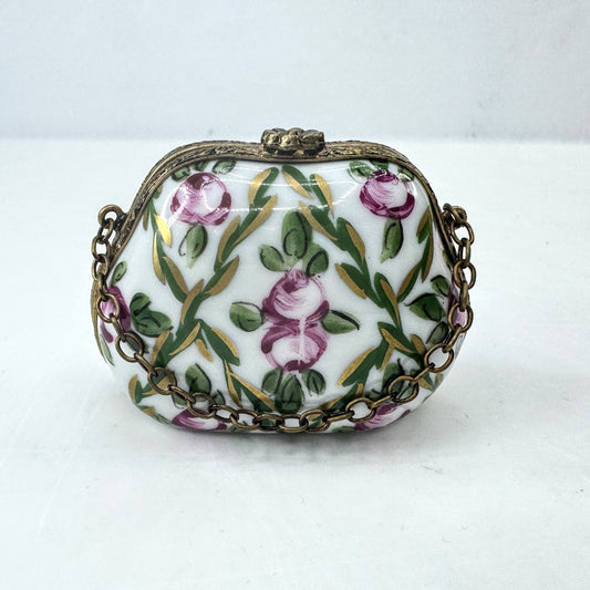 Vintage Hand Painted Limoges Porcelain Floral Purse Trinket Box A1042