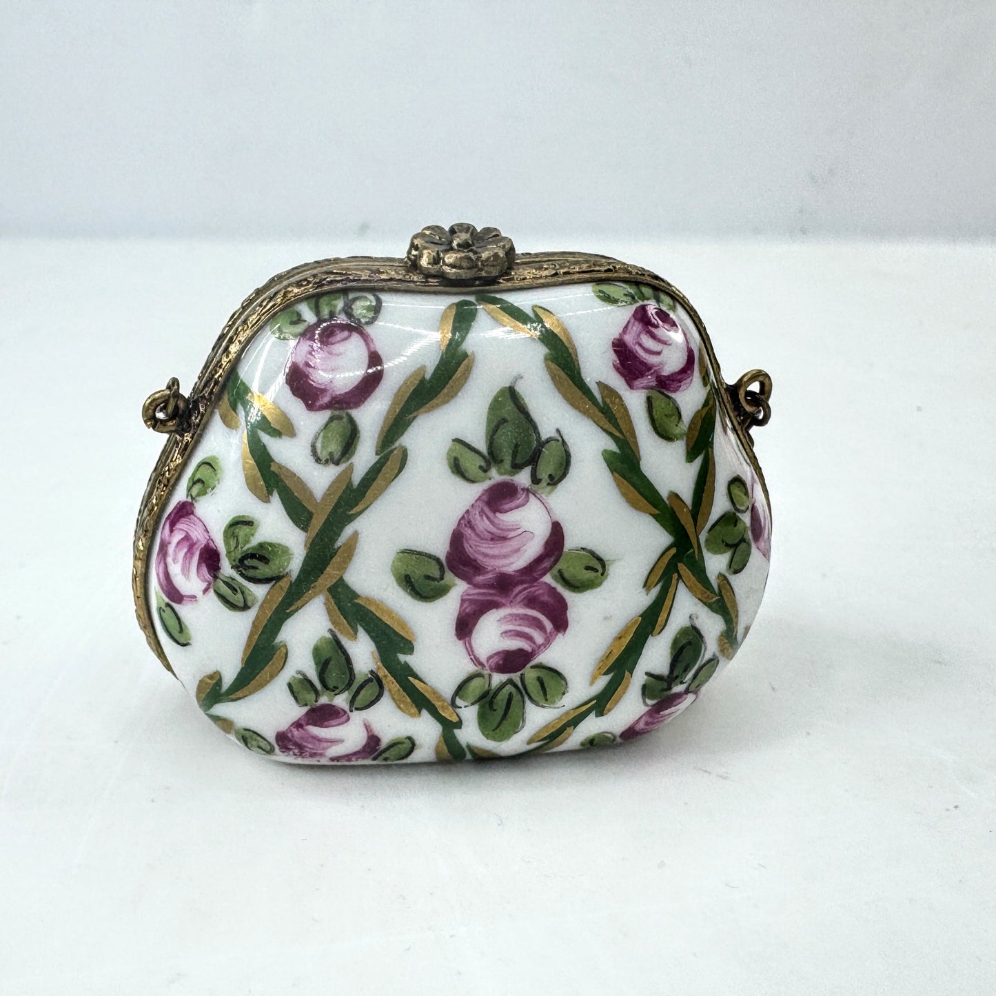 Vintage Hand Painted Limoges Porcelain Floral Purse Trinket Box A1042