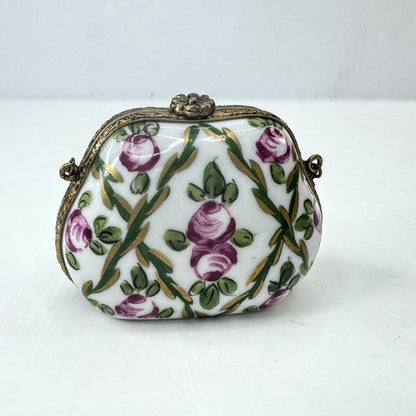 Vintage Hand Painted Limoges Porcelain Floral Purse Trinket Box A1042
