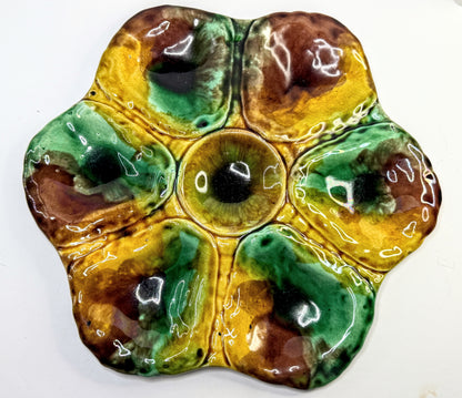 Antique Majolica Oyster Plate Green Yellow Brown Glaze 10in A900