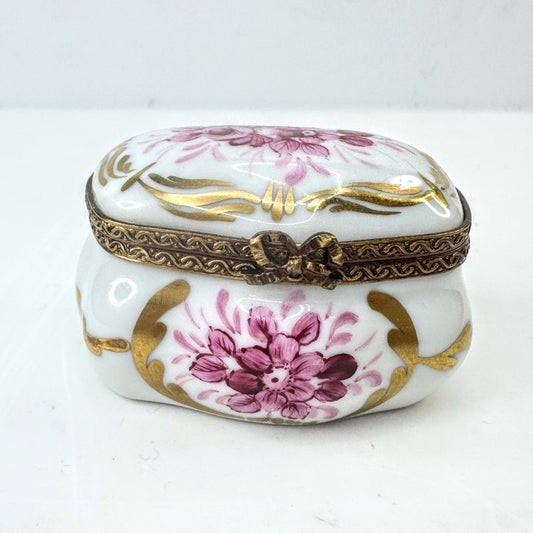 Limoges France Hand Painted Reddish-Purple Floral Porcelain Trinket Box A1043