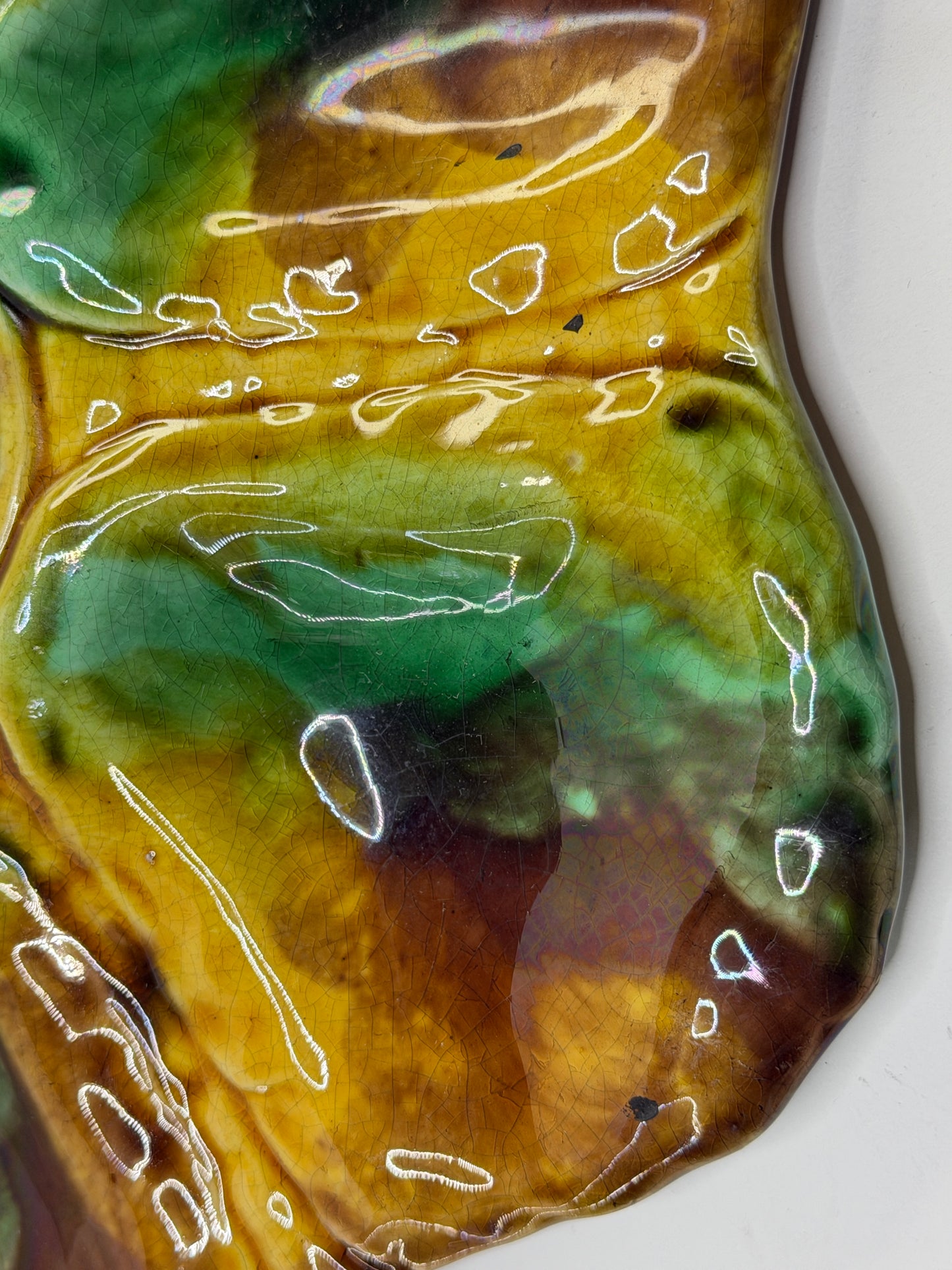 Antique Majolica Oyster Plate Green Yellow Brown Glaze 10in A900