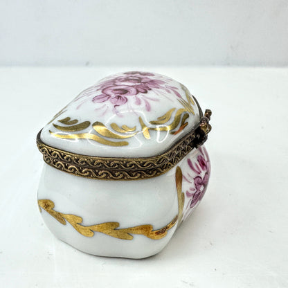 Limoges France Hand Painted Reddish-Purple Floral Porcelain Trinket Box A1043