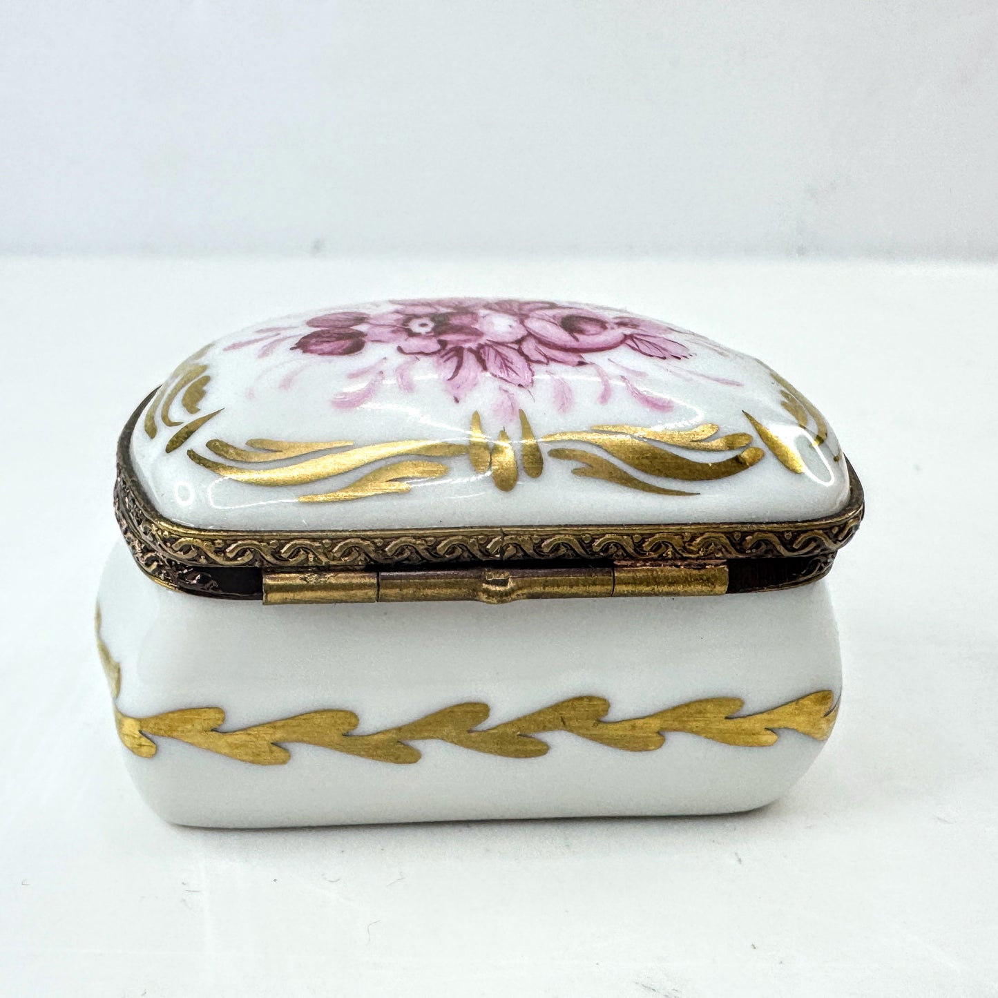 Limoges France Hand Painted Reddish-Purple Floral Porcelain Trinket Box A1043